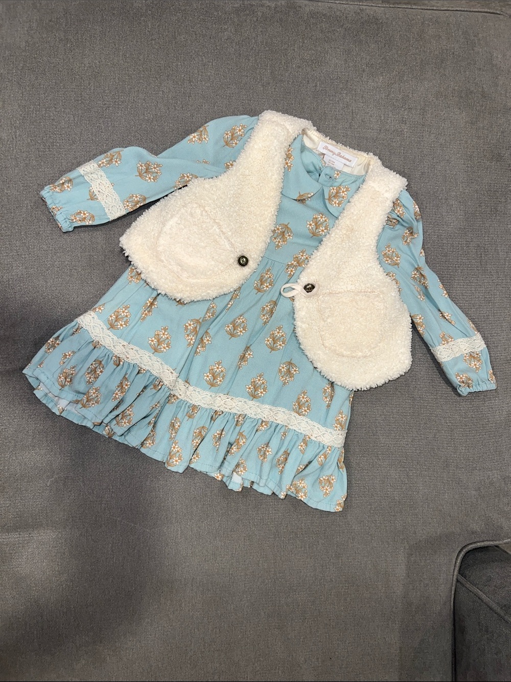 Tommy Hilfiger Light Blue Floral Dress with Cream Sherpa Vest